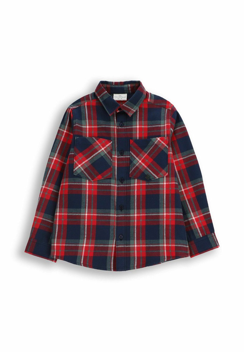 Czerwona i granatowa koszula w kratę, wykonana z bawełny, z kołnierzykiem na guziki, dwoma kieszeniami na piersi oraz długimi rękawami zakończonymi mankietami na guziki.