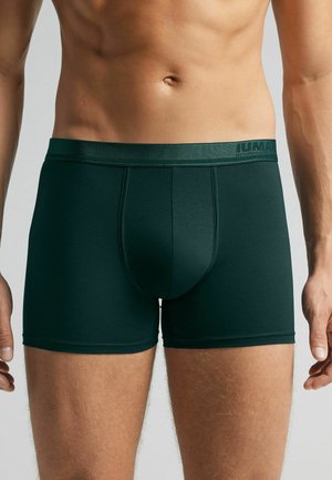 Dunkelgrüne Boxershorts mit engem Sitz. Hergestellt aus weichem Stoff, mit einem glatten Bund und einem Markenlogo sowie verstärkten Nähten.