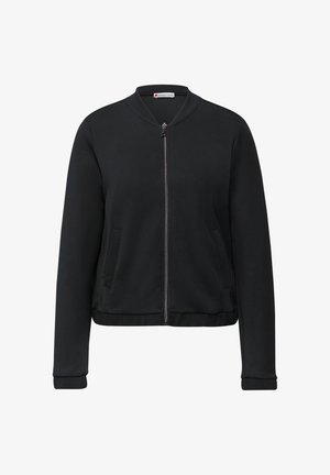 Schwarze Bomberjacke aus glattem Material. Verfügt über einen Frontreißverschluss, zwei Seitentaschen und gerippte Bündchen und Saum. Schlichtes, sportliches Design.