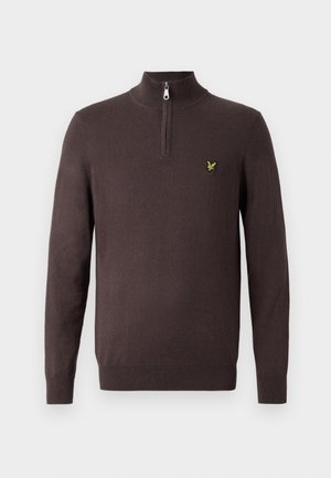 Brown knit pullover sweater with a high collar and a half zip. Features a small yellow bird logo on the left chest. Soft texture.