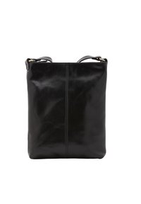 Borsa a tracolla nera in pelle con una texture liscia, forma rettangolare, chiusure superiori e un sottile dettaglio di cucitura al centro.