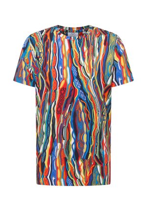 Multicolored short-sleeve t-shirt features abstract wavy patterns in blue, red, yellow, and green, crafted from lightweight fabric.