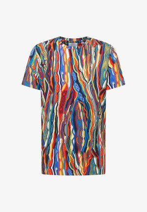 Multicolored short-sleeve t-shirt features abstract wavy patterns in blue, red, yellow, and green, crafted from lightweight fabric.
