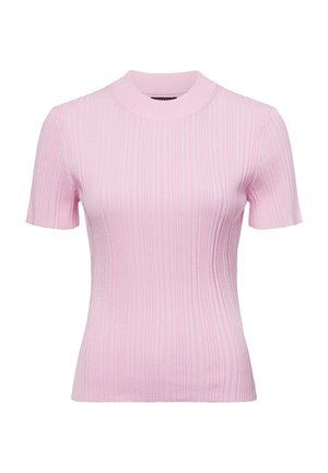 Hellrosa geripptes Kurzarm-Pullover mit hohem Kragen, aus einem weichen Material gefertigt, mit einer taillierten Silhouette und subtiler Textur.