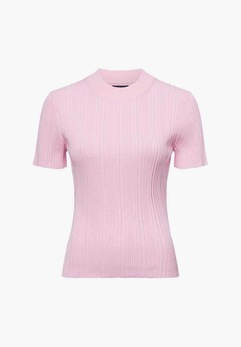 Lichtroze geribde korte mouwen trui met een hoge hals, gemaakt van een zacht materiaal, met een aansluitende silhoët en subtiele textuur.