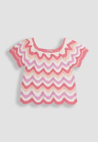 Top lavorato a maglia con un motivo ondulato in rosa, bianco e lavanda. Presenta maniche corte e un scollo quadrato con bordo a costine.