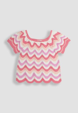 Top tricotat cu un model ondulat în nuanțe de roz, alb și lavandă. Are mâneci scurte și o decolteu pătrat cu margine ribbată.