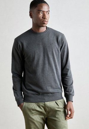 Gray sweatshirt with a crew neckline, long sleeves, and ribbed hems, made of soft fabric. Paired with light green trousers.