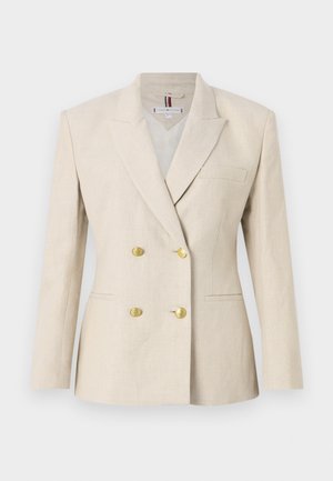 Beige dobbeltradet blazer laget av lin. Har gullknapper, slagkrage og en enkel brystlomme, med glatt tekstur og skreddersydd passform.