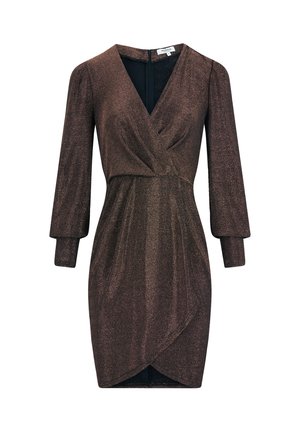Robe enveloppante scintillante marron avec des manches longues, un décolleté en V et un devant drapé. Comprend une fermeture éclair cachée dans le dos et une silhouette ajustée.