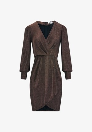 Robe enveloppante scintillante marron avec des manches longues, un décolleté en V et un devant drapé. Comprend une fermeture éclair cachée dans le dos et une silhouette ajustée.