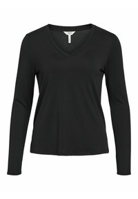 Schwarzes langärmliges V-Ausschnitt-Shirt aus glattem Stoff mit lockerer Passform. Merkmale saubere Linien und ein minimalistisches Design ohne Verzierungen.