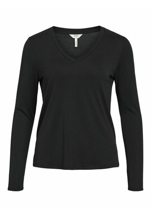 Mustat pitkähihaiset V-pääntie-paidat, joissa on sileä kangas ja rento istuvuus. Ominaisuuksia ovat siistit linjat ja minimalistinen muotoilu ilman koristeluja.