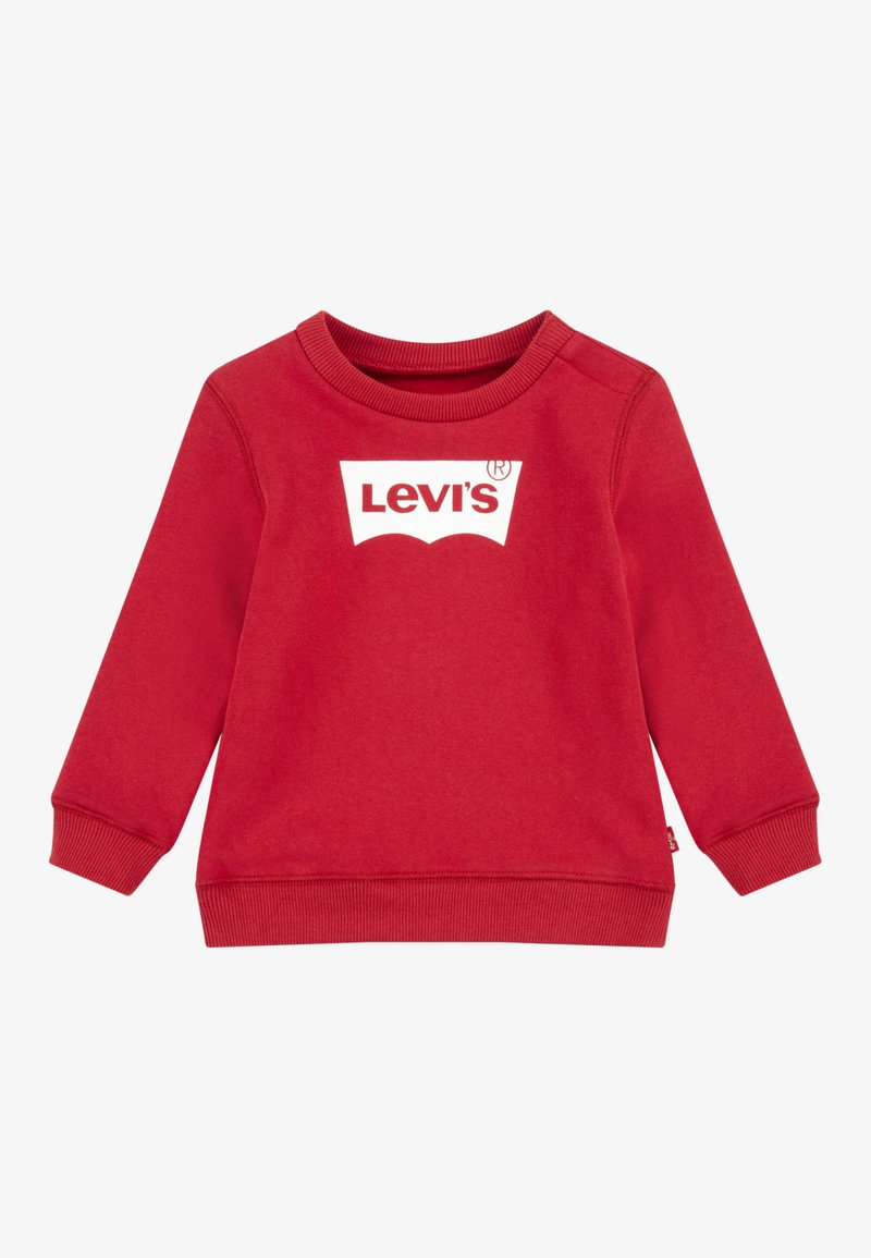 Rød sweatshirt med lange ermer, ribbede mansjetter og rund hals. Har en fremtredende hvit Levi's-logo foran. Laget av mykt materiale.