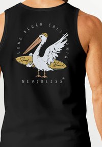 Black tank top featuring a white pelican graphic holding a surfboard. Text includes "Long Beach California" and "Neverless" in a circular design.