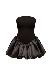 Zwart satijnen mini-jurkje zonder bandjes met een nauwsluitend lijfje en een volumineuze geplooide rok die een bubbel-silhouet creëert.