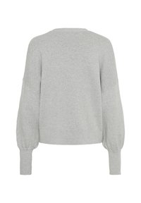 Gray knit sweater featuring a boxy fit, drop shoulders, and balloon sleeves, with a soft texture and minimalistic design.