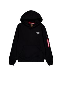 Schwarzer Hoodie mit einer vorderen Tasche, einer Kapuze mit Kordelzug und weißem Logo auf der Brust. Verfügt über eine seitliche Tasche mit Reißverschluss und einem roten Etikett.