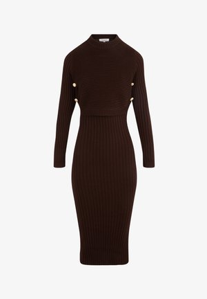 Ribbed brown knit dress with a mock neck, form-fitting silhouette, and gold accent buttons on the chest, mid-calf length.