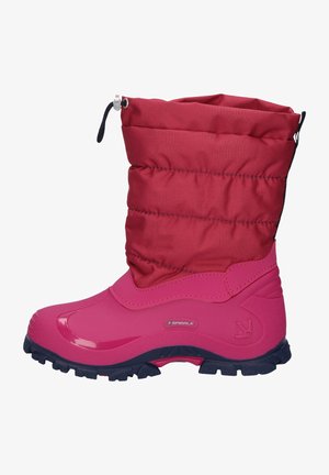 Pink waterproof winter boot with a plush red upper, featuring a foldable cuff, rubber sole, and textured grip for traction.