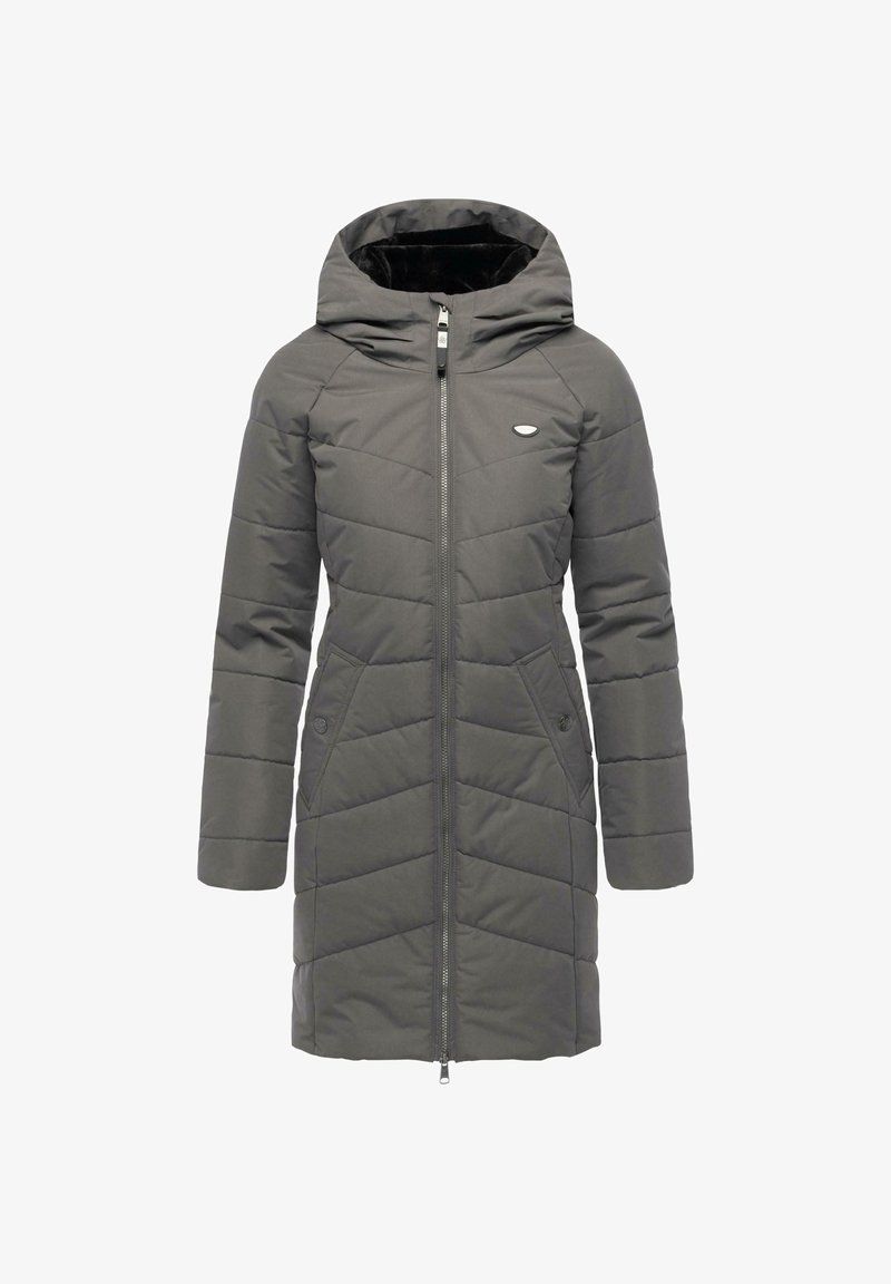 Grå quiltad pufferjacka med huva, dragkedjestängning, sidofickor och subtilt varumärkesdetalj. Slät yttermaterial med mjukt inre.