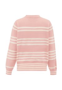 Rosa stickad tröja med vita horisontella ränder, rund krage och ribbade ärmslut. Designen är minimalistisk med en mjuk textur.