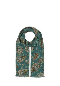 Écharpe teal avec un motif paisley dans des tons terreux, présentant des bords à franges. Fabriquée en tissu doux, elle tombe élégamment lorsqu'elle est portée.
