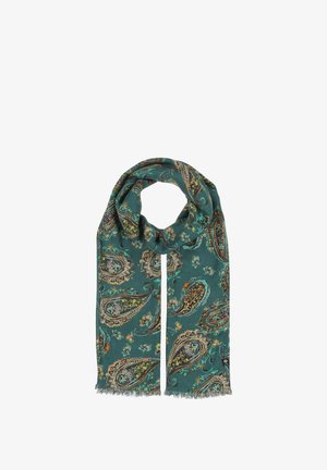 Žalias šalikas su paisley raštu žemės tonų spalvomis, su kutais. Pagamintas iš minkštos medžiagos, elegantiškai leidžiasi dėvint.