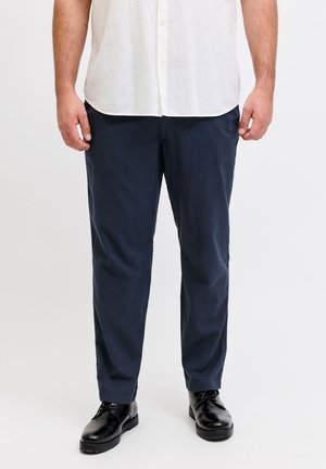 Uomo con pantaloni blu navy, scarpe eleganti in pelle nera e camicia bianca abbottonata, in piedi davanti a uno sfondo chiaro e uniforme.
