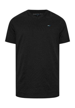 Zwart T-shirt met korte mouwen en V-hals met klein blauw-wit logo op de linkerborst, maat XL.