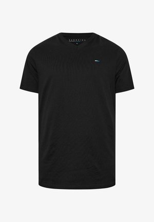 Czarny T-shirt z krótkim rękawem i dekoltem w serek z małym niebiesko-białym logo na lewej piersi, rozmiar XL.
