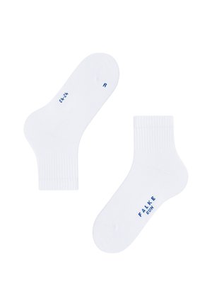 Weiße Baumwoll-Sneakersocken mit gerippten Bündchen. Wird mit "FALKE" und "RUN" in blauer Schrift geliefert. Eine Socke ist mit "R" für den rechten Fuß gekennzeichnet.