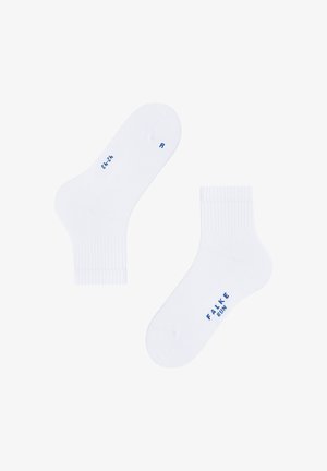 Białe bawełniane skarpetki sięgające kostki z prążkowanymi mankietami. Na skarpetkach znajduje się napis "FALKE" oraz "RUN" w niebieskim kolorze. Jedna skarpetka oznaczona jako "R" dla prawej stopy.