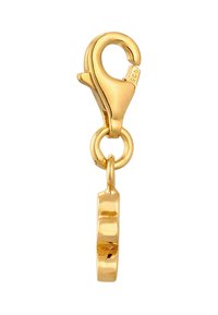 Goudkleurige kreeftsluiting met een ronde, platte, gepolijste ring eraan bevestigd. Gladde textuur, metalen constructie en een glanzende afwerking.