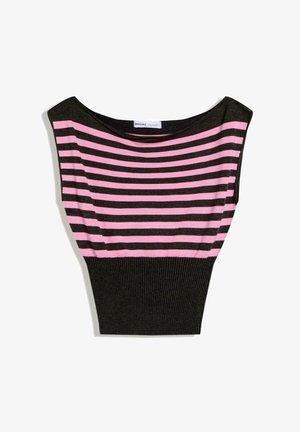 Top fără mâneci cu dungi orizontale roz și gri închis în partea superioară și o secțiune inferioară solidă gri închis, cu textură tricotată.