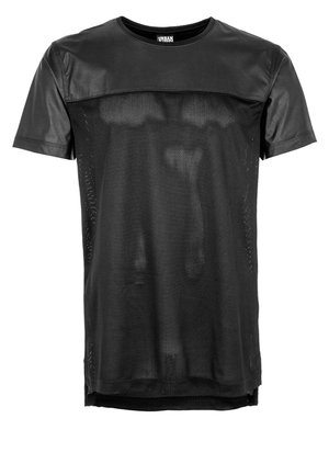 Czarny męski T-shirt z krótkim rękawem, z jednolitym, skórzanym wyglądem na górnej części klatki piersiowej i rękawach oraz korpusem z siateczki.