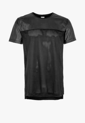Zwarte korte mouw heren T-shirt met een effen lederachtige bovenkant van de borst en mouwen, en een lijf van meshstof.