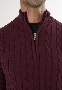 Burgundowa sweter z dzianej włóczki z wysokim kołnierzem i pół-zamkiem. Posiada teksturowane wzory i prążkowane wykończenie wokół szyi.