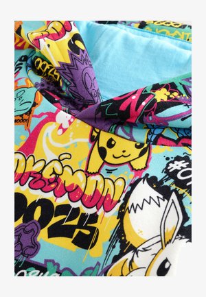 Szövet színes graffiti stílusú rajzfilmfigurákkal, köztük egy sárga Pikachuval, fehér nyuszival, a "25" felirattal és élénk absztrakt alakzatokkal.