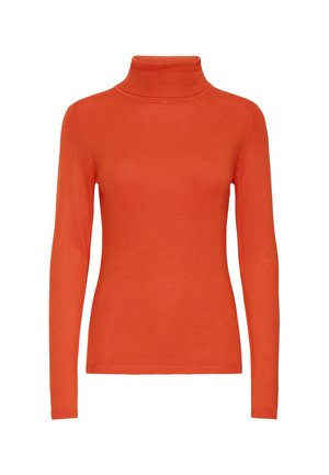 Pull col roulé orange à manches longues, en textile doux. Présente un design ajusté ainsi qu'un col et des poignets côtelés.