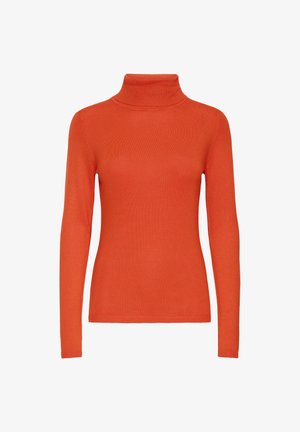 Pull col roulé orange à manches longues, en textile doux. Présente un design ajusté ainsi qu'un col et des poignets côtelés.