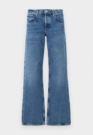 Wide-leg blue jeans made from denim with a faded wash, front pockets, a button closure, and frayed hems at the legs.