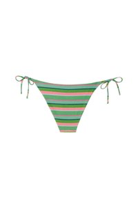 Parte inferior de bikini a rayas con colores verde, rosa y amarillo, con la característica de lazos ajustables a cada lado para un mejor calce y un material texturizado.
