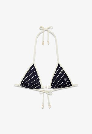 Marineblauwe driehoekige bikini top met wit touwenpatroon, witte rand en bindstrikbandjes met kleine gouden bedeltjes aan de uiteinden.
