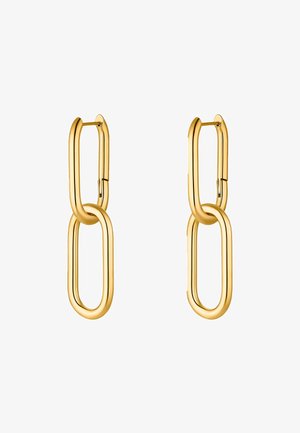 Zlaté kruhové náušnice s dizajnom prepojenej reťaze a lesklým povrchom. Náušnice pozostávajú z dvoch prepojených, predĺžených tvarov.