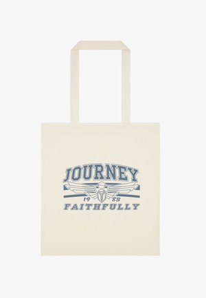 Bomuldsnetpose med blåt grafisk tekst "JOURNEY 1983 FAITHFULLY" og et stiliseret vinget emblem i midten.