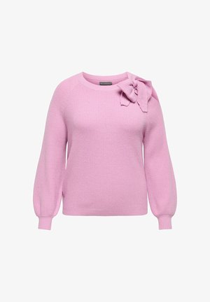 Pink knitted sweater with a ribbed texture, round neckline, and balloon sleeves. Features a bow detail on the left shoulder.