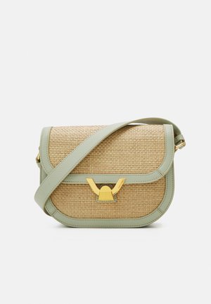 Crossbodytas met geweven textuur, lichtgroene leren rand en gouden gesp op een witte achtergrond.