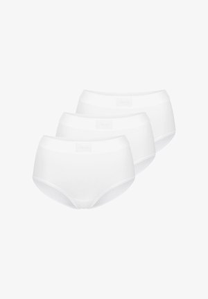 Drei identische weiße High-Waist-Slip-Unterhosen in Brief-Stil, gestaffelt auf einem weißen Hintergrund angeordnet.