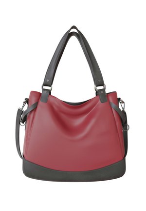 Red leather handbag with black base, dual black handles, and detachable shoulder strap against a white background.